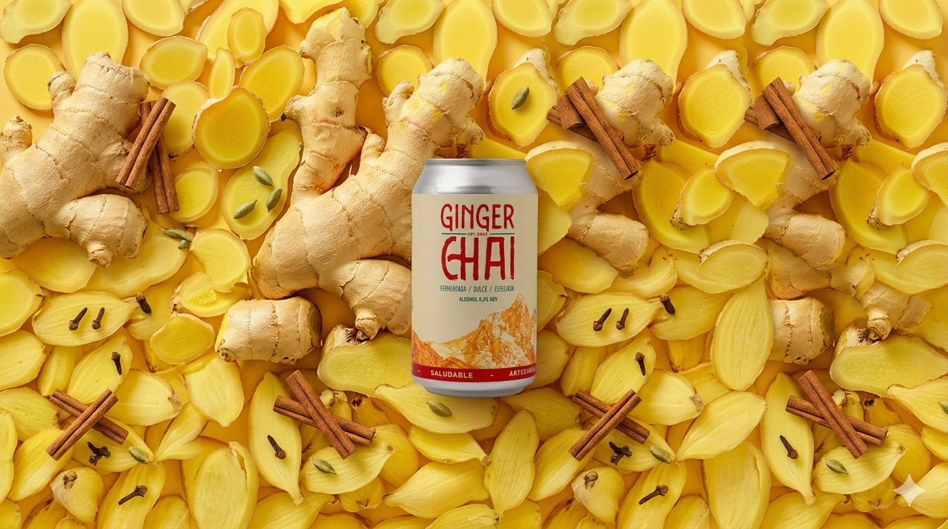 Lata de Ginger Chai sobre fondo de jengibre y especias