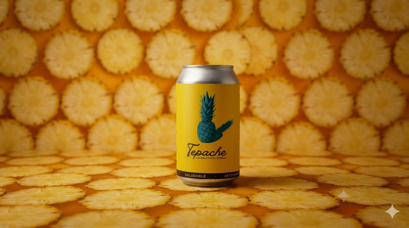 Lata de Tepache frente a rodajas de piña