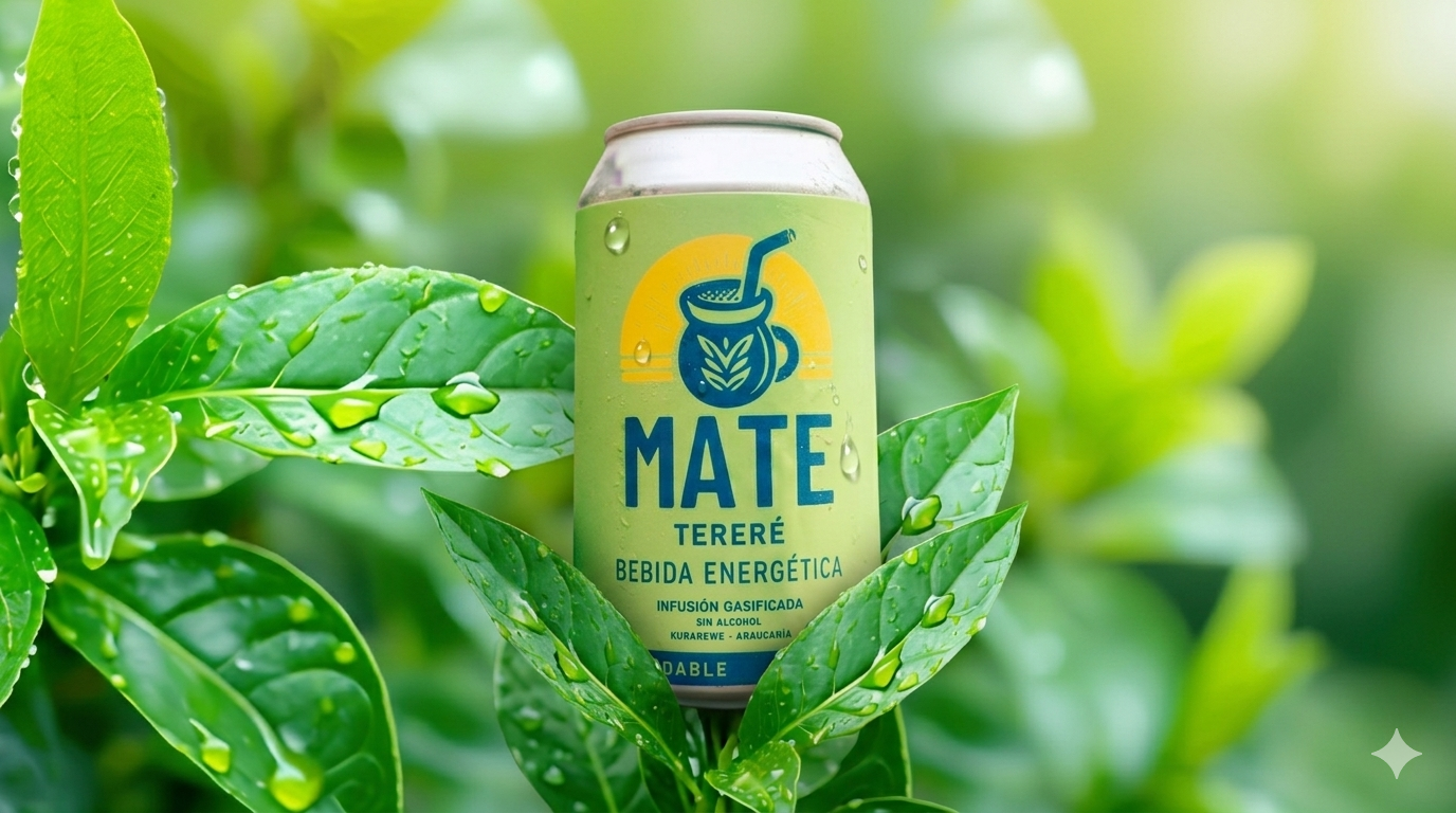 Lata de Mate Terere entre hojas verdes con gotas de agua