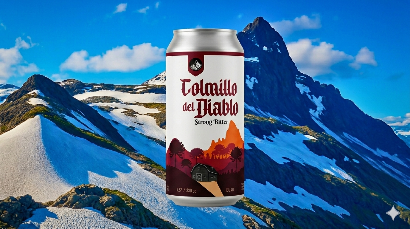 Lata de Strong Bitter frente a paisaje nevado de montaña