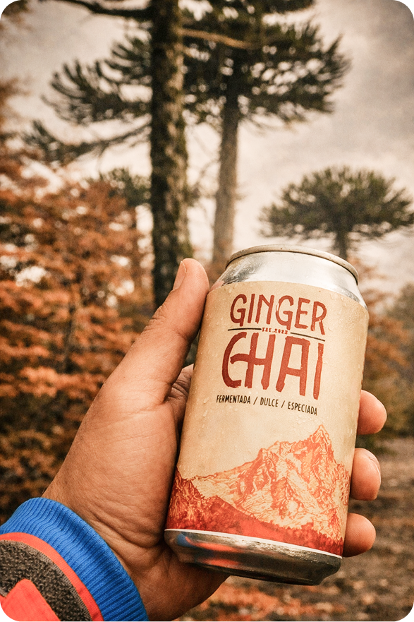 Mano sosteniendo una lata de Ginger Chai frente a árboles y paisaje de montaña